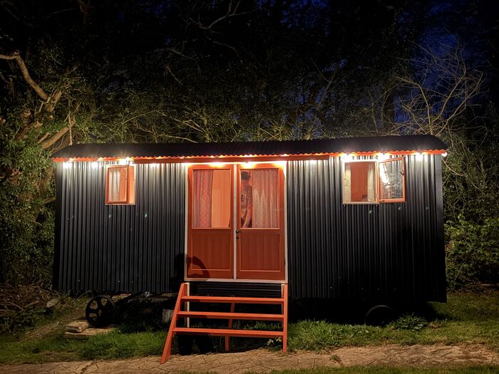 The shepherd's hut at dusk with festoon lights and a stable door